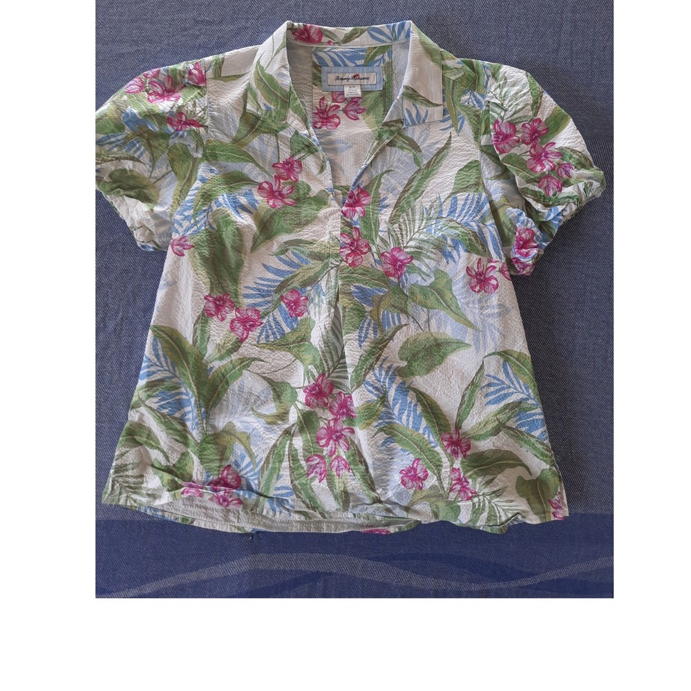 Tommy Bahama Women Small All Floral Wrinkle Blouse MultiTropical V-Neck Top